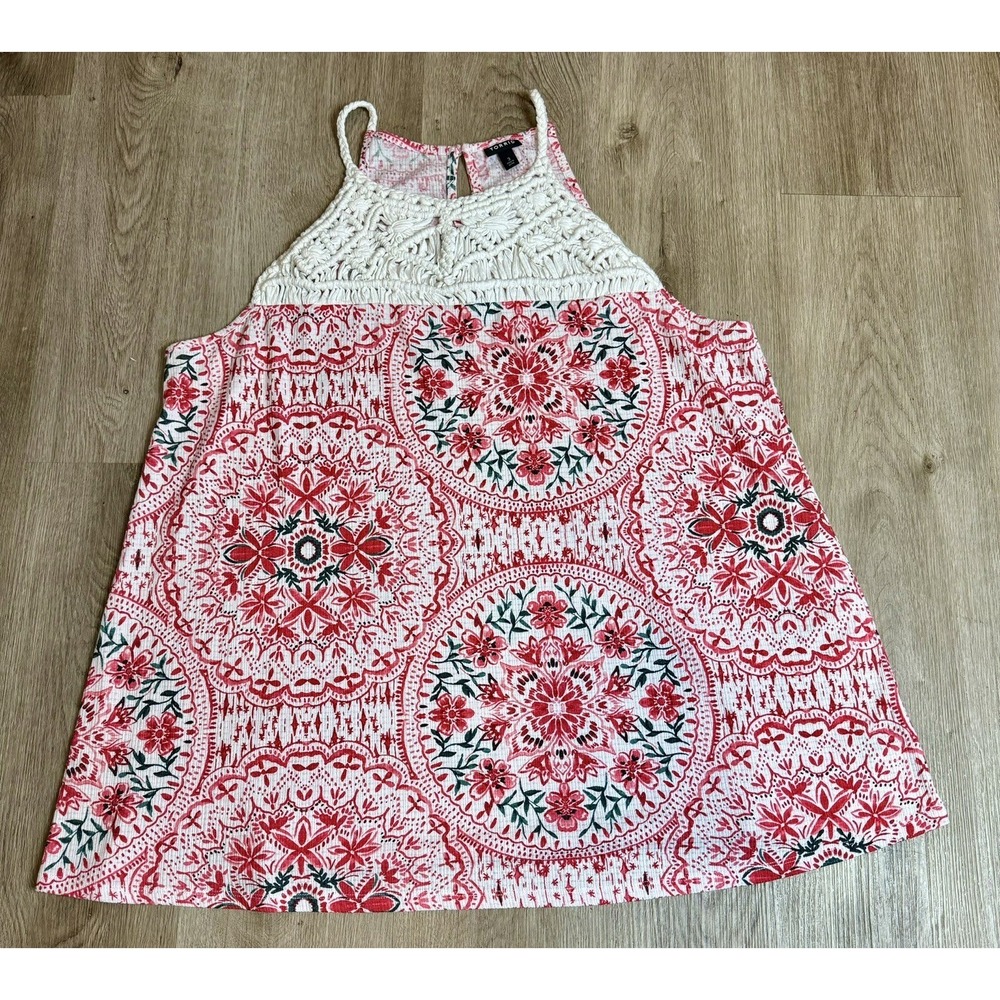 Torrid Womens Tank Top‎ Size 3 Floral Crochet Halter Sleeveless Red White
